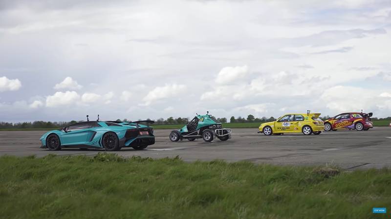 Watch How Some Rallycross Racercars Bully A Lamborghini Aventador SV on a Drag Strip!